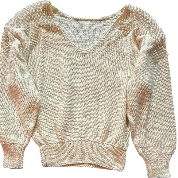 Nannell Vintage Pearl Embellished Knit Sweater Cream Puff Sleeve Size L - Picture 2 of 6